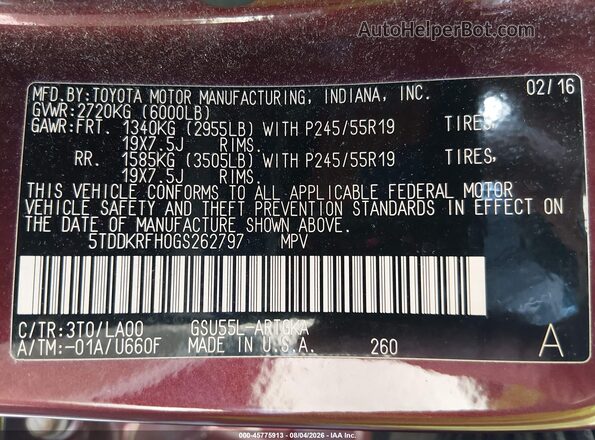 5TDDKRFH0GS262797 2016 TOYOTA HIGHLANDER Burgundy ძრავის განყოფილების ხედი