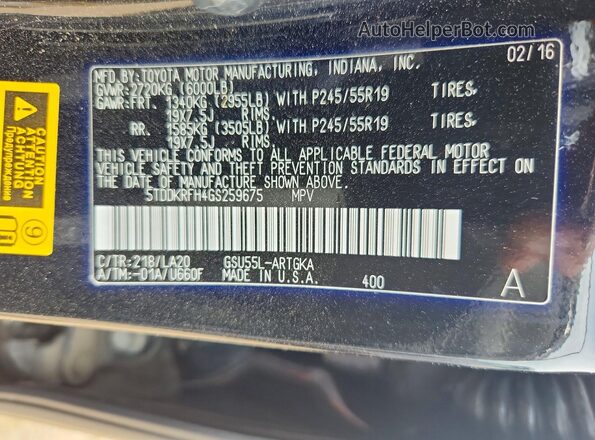 5TDDKRFH4GS259675 2016 TOYOTA HIGHLANDER Black Vista del compartimento del motor