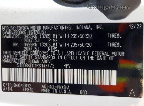 5TDDRKEC1PS147473 2023 TOYOTA SIENNA White Vista de la etiqueta del VIN
