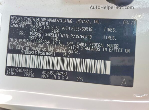 5TDDSKFC1MS016851 2021 TOYOTA SIENNA White VIN კოდის სტიკერის ხედი