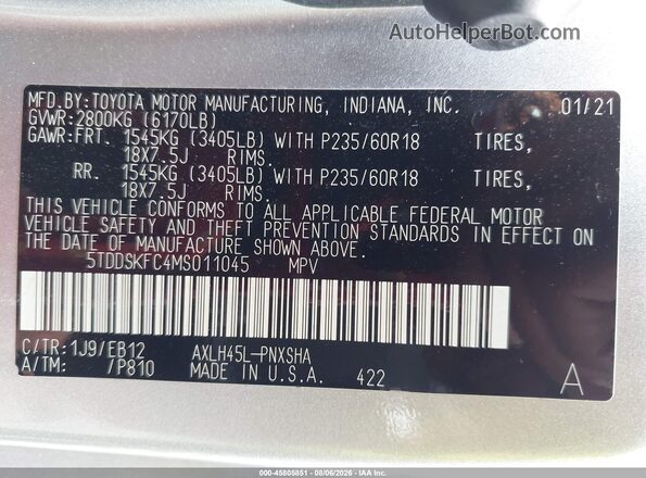 5TDDSKFC4MS011045 2021 TOYOTA SIENNA Серый Вид подкапотного пространства