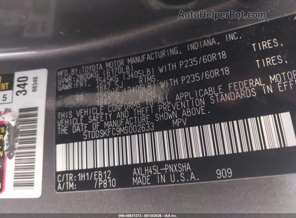 5TDDSKFC9MS002633 2021 TOYOTA SIENNA Gray Engine compartment view