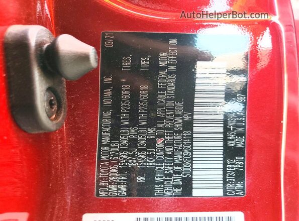 5TDDSKFC9MS014118 2021 TOYOTA SIENNA Red Вид наклейки з VIN-кодом
