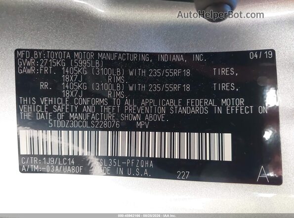 5TDDZ3DC0LS228076 2020 TOYOTA SIENNA Silver Engine compartment view