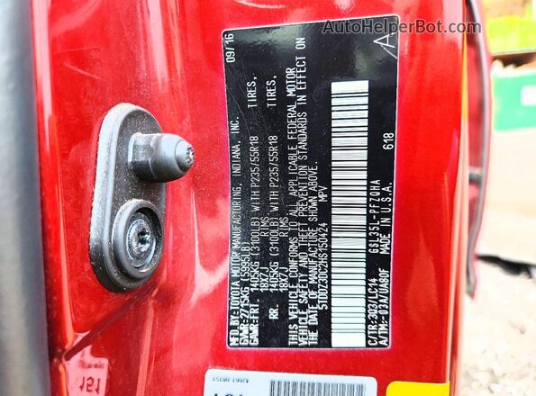 5TDDZ3DC2HS150424 2017 TOYOTA SIENNA Red Вид наклейки з VIN-кодом