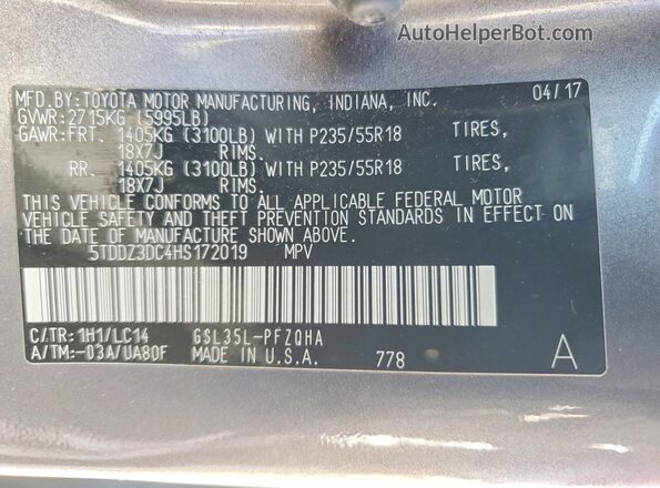 5TDDZ3DC4HS172019 2017 TOYOTA SIENNA Gray VIN კოდის სტიკერის ხედი