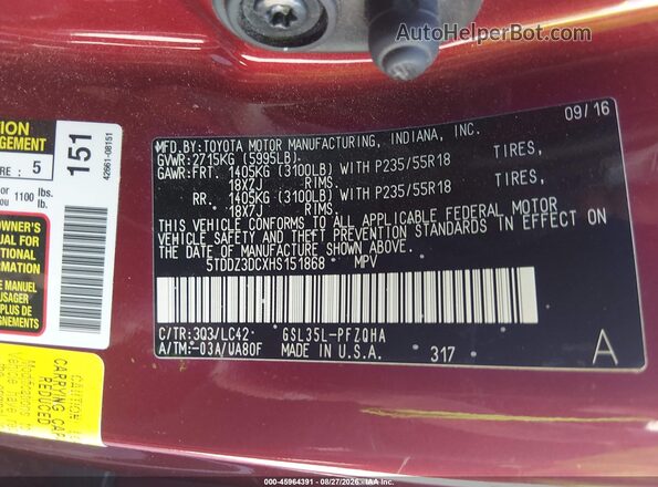 5TDDZ3DCXHS151868 2017 TOYOTA SIENNA Красный Вид подкапотного пространства