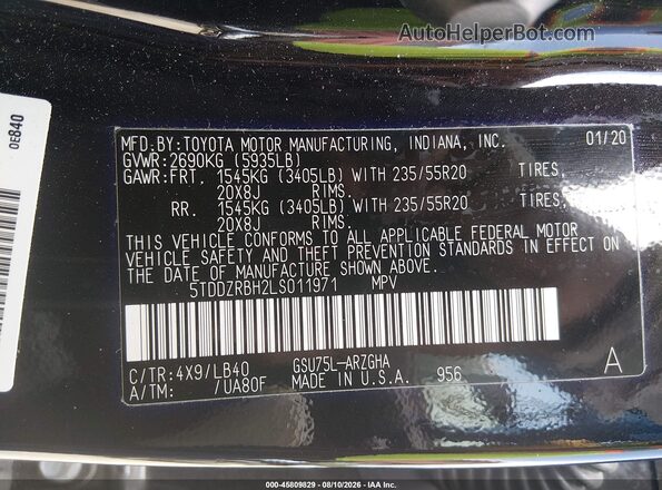 5TDDZRBH2LS011971 2020 TOYOTA HIGHLANDER Black Widok komory silnika