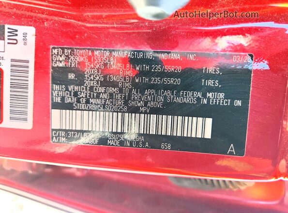 5TDDZRBH5LS020258 2020 TOYOTA HIGHLANDER Red VIN կոդի պիտակի տեսք