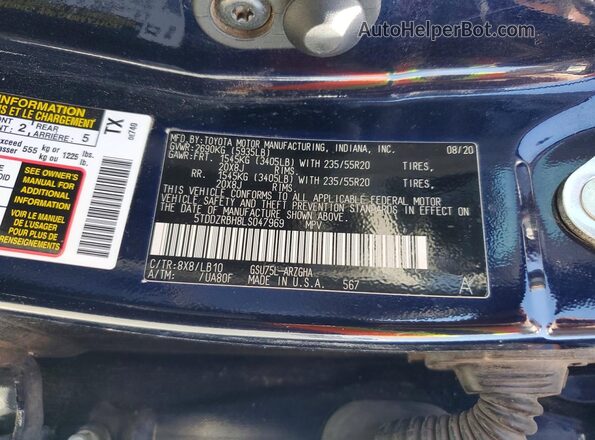 5TDDZRBH8LS047969 2020 TOYOTA HIGHLANDER Blue Vista interior de 360 grados
