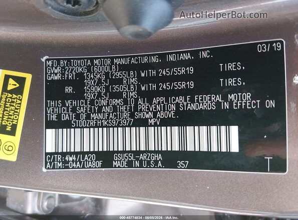 5TDDZRFH1KS973977 2019 TOYOTA HIGHLANDER Зеленый Вид подкапотного пространства