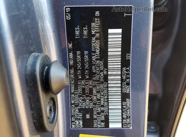 5TDDZRFH1KS993162 2019 TOYOTA HIGHLANDER Gray VIN კოდის სტიკერის ხედი