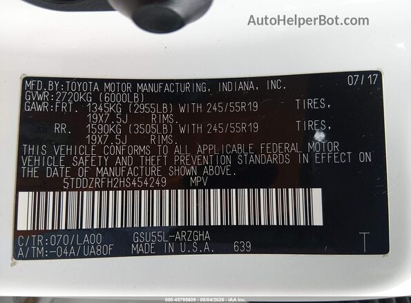 5TDDZRFH2HS454249 2017 TOYOTA HIGHLANDER White Engine compartment view