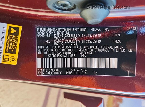 5TDDZRFH2KS711966 2019 TOYOTA HIGHLANDER Maroon VIN կոդի պիտակի տեսք