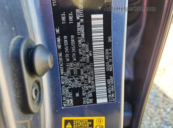 5TDDZRFH6JS802723 2018 TOYOTA HIGHLANDER Blue VIN კოდის სტიკერის ხედი
