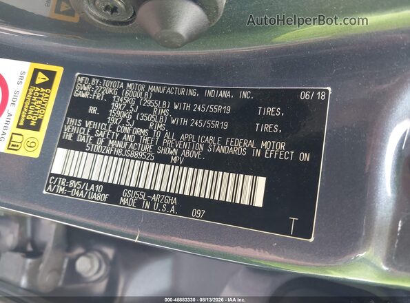 5TDDZRFH8JS889525 2018 TOYOTA HIGHLANDER Light Blue ძრავის განყოფილების ხედი