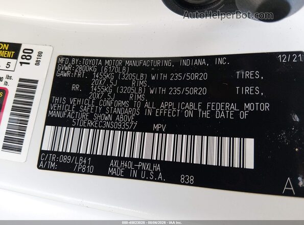 5TDERKEC3NS093577 2022 TOYOTA SIENNA White ძრავის განყოფილების ხედი