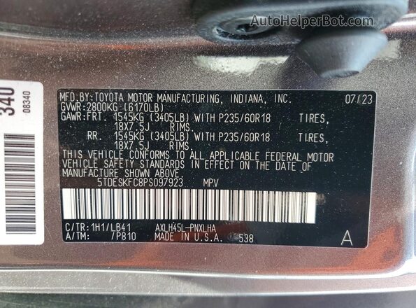 5TDESKFC8PS097923 2023 TOYOTA SIENNA Gray Vista de la etiqueta del VIN