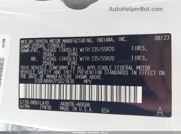 5TDFARAH7PS021838 2023 TOYOTA HIGHLANDER White Widok komory silnika