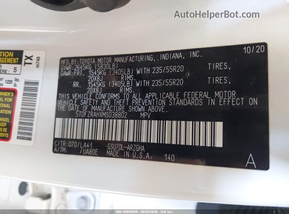 5TDFZRAHXMS038802 2021 TOYOTA HIGHLANDER Silver Engine compartment view