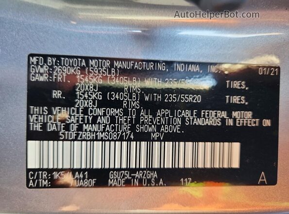 5TDFZRBH1MS087174 2021 TOYOTA HIGHLANDER Синий Панорамный вид салона 360°