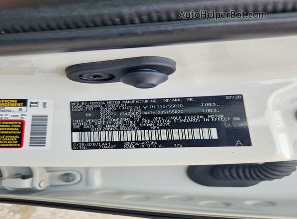 5TDFZRBH2LS039536 2020 TOYOTA HIGHLANDER White VIN კოდის სტიკერის ხედი