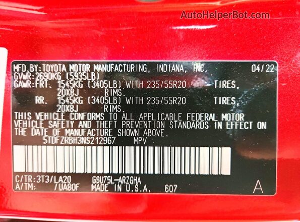 5TDFZRBH3NS212967 2022 TOYOTA HIGHLANDER Red Widok wnętrza 360 stopni