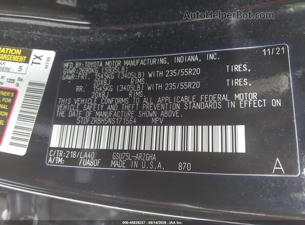 5TDFZRBH5NS171564 2022 TOYOTA HIGHLANDER Black Вид підкапотного простору