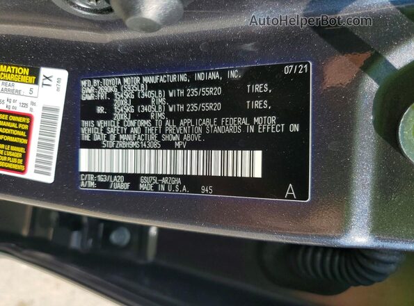5TDFZRBH9MS143085 2021 TOYOTA HIGHLANDER Серый Вид наклейки с VIN-кодом