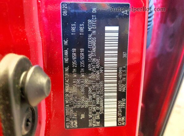 5TDGARAH5LS502895 2020 TOYOTA HIGHLANDER Red Панорамний вид салону 360°