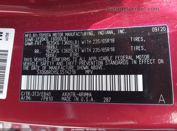 5TDGBRCH5LS514216 2020 TOYOTA HIGHLANDER Красный Вид подкапотного пространства
