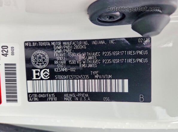 5TDGSKFC5TS245335 2026 TOYOTA SIENNA White Панорамний вид салону 360°