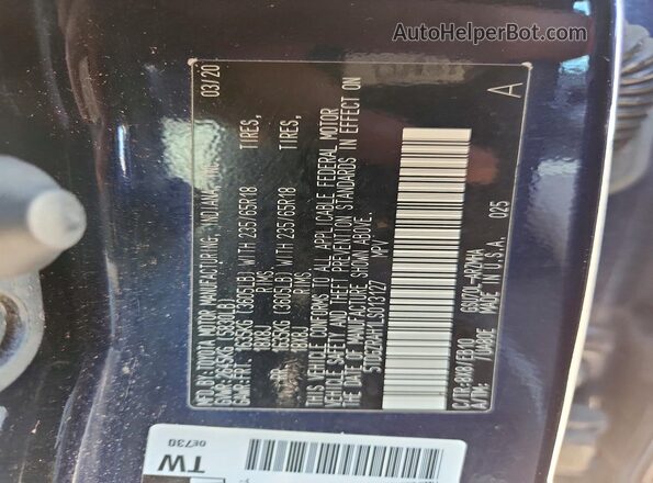 5TDGZRAH1LS013127 2020 TOYOTA HIGHLANDER Blue Widok naklejki z numerem VIN