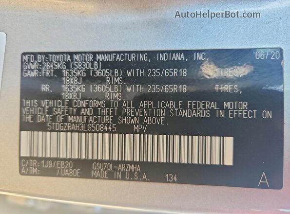 5TDGZRAH3LS508445 2020 TOYOTA HIGHLANDER Silver Widok naklejki z numerem VIN