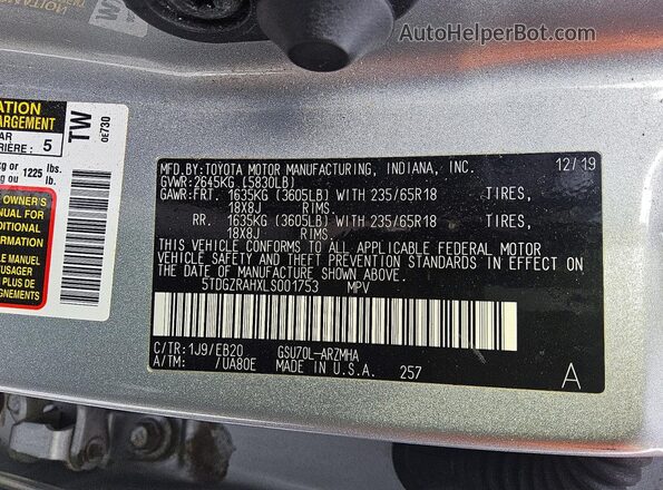 5TDGZRAHXLS001753 2020 TOYOTA HIGHLANDER Silver VIN sticker view