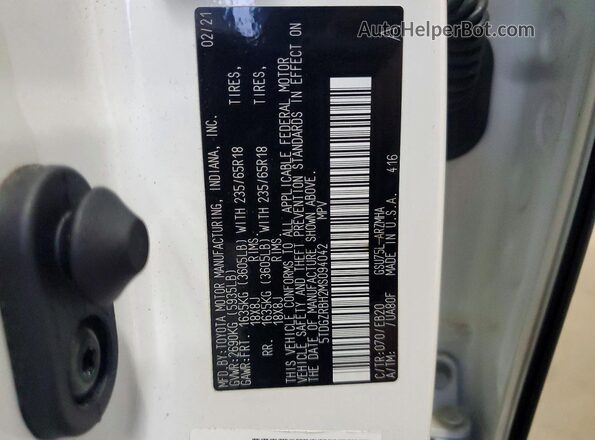 5TDGZRBH2MS094042 2021 TOYOTA HIGHLANDER White VIN sticker view