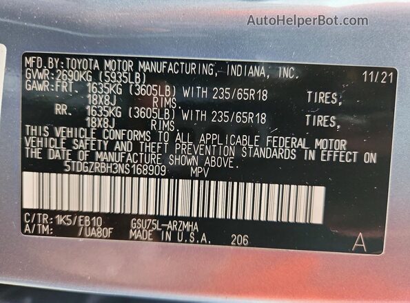 5TDGZRBH3NS168909 2022 TOYOTA HIGHLANDER Blue Вид наклейки з VIN-кодом