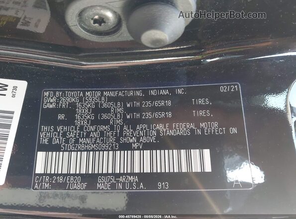5TDGZRBH6MS099213 2021 TOYOTA HIGHLANDER Black Widok komory silnika