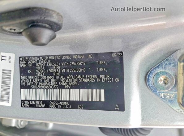 5TDGZRBH6NS583772 2022 TOYOTA HIGHLANDER Silver Панорамний вид салону 360°