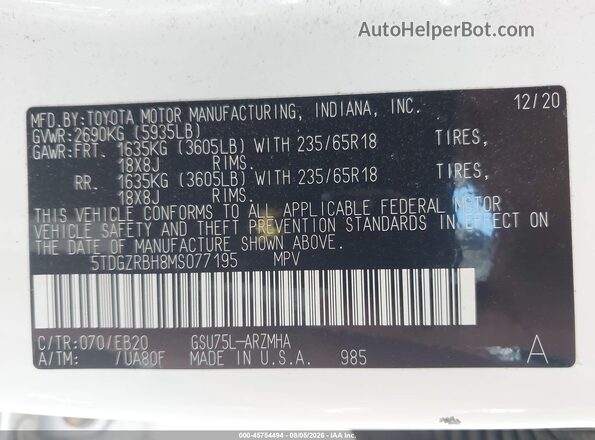 5TDGZRBH8MS077195 2021 TOYOTA HIGHLANDER White ძრავის განყოფილების ხედი