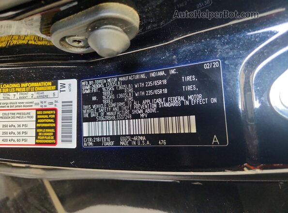 5TDGZRBH9LS507248 2020 TOYOTA HIGHLANDER Black Вид наклейки з VIN-кодом