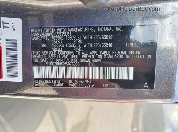 5TDGZRBHXMS076386 2021 TOYOTA HIGHLANDER Charcoal 360 interior view