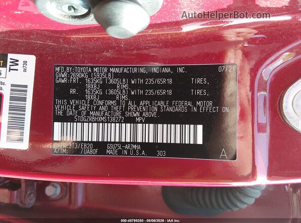 5TDGZRBHXMS138272 2021 TOYOTA HIGHLANDER Red Շարժիչի բաժամունքի տեսք