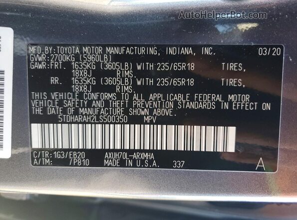5TDHARAH2LS500350 2020 TOYOTA HIGHLANDER Gray 360 interior view