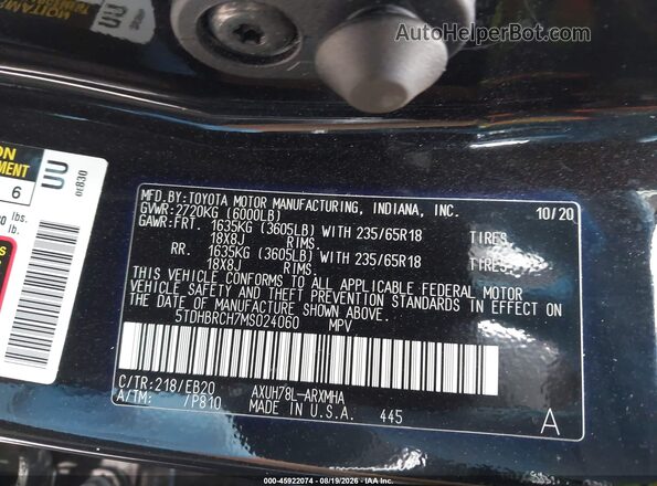 5TDHBRCH7MS024060 2021 TOYOTA HIGHLANDER Black Vista del compartimento del motor