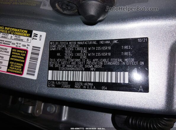5TDHZRAH6MS090078 2021 TOYOTA HIGHLANDER Silver Vista del compartimento del motor