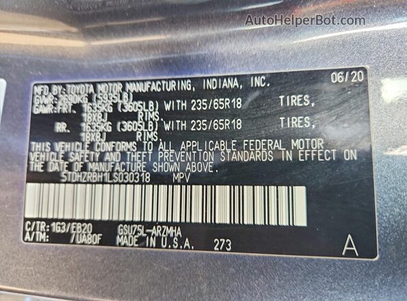5TDHZRBH1LS030318 2020 TOYOTA HIGHLANDER Gray სალონის 360-გრადუსიანი ხედი