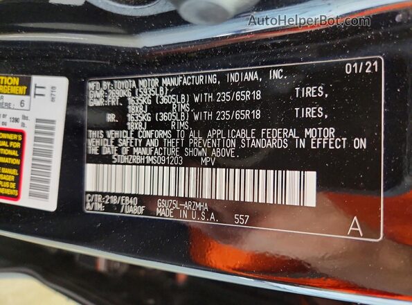 5TDHZRBH1MS091203 2021 TOYOTA HIGHLANDER Black Панорамний вид салону 360°