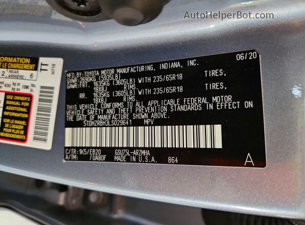 5TDHZRBH3LS029641 2020 TOYOTA HIGHLANDER Gray Widok naklejki z numerem VIN