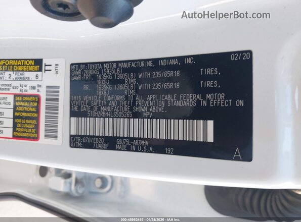 5TDHZRBH4LS505265 2020 TOYOTA HIGHLANDER White Vista del compartimento del motor